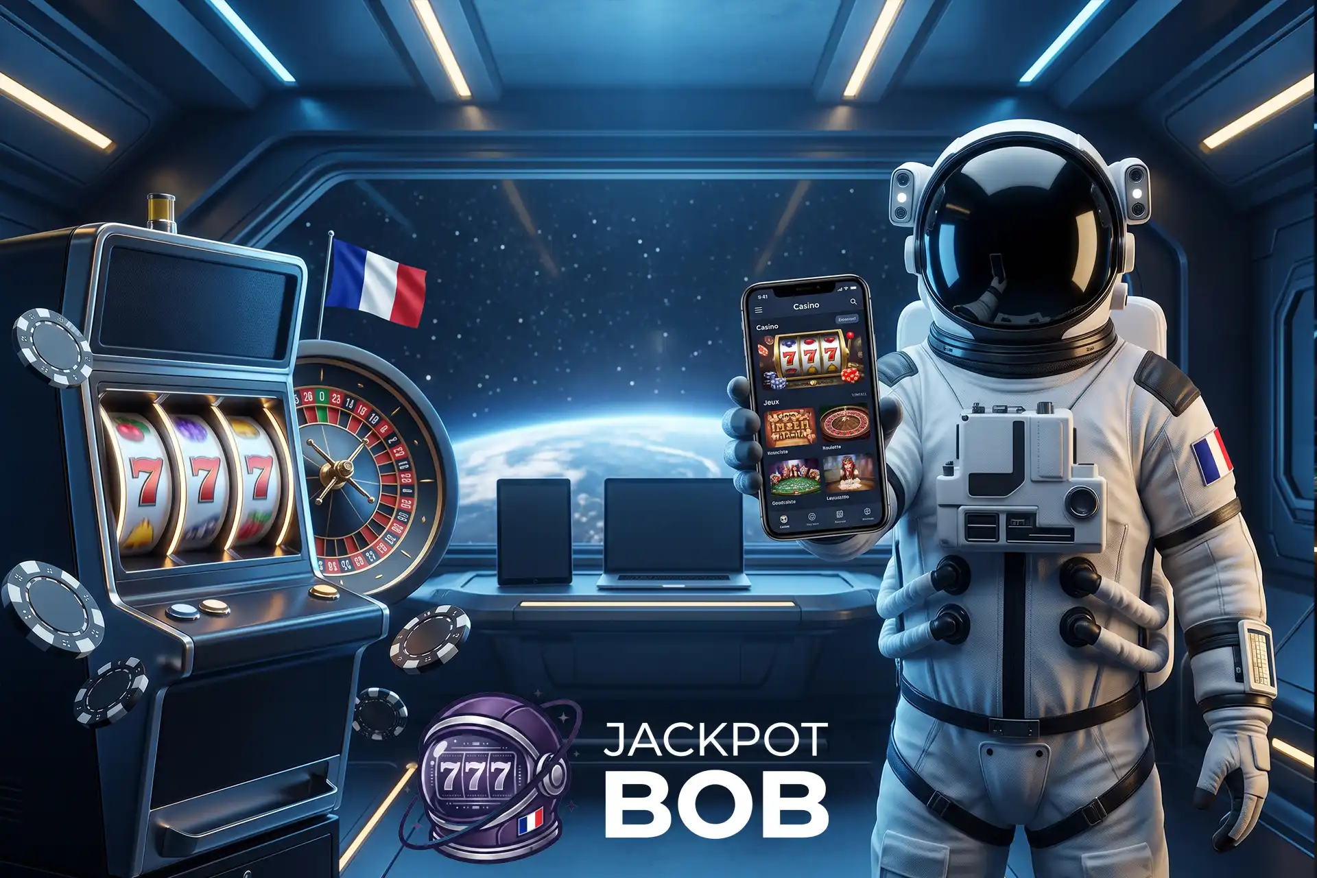 Un astronaute tenant un smartphone qui affiche des machines à sous en ligne depuis une station spatiale avec vue sur la planète Terre