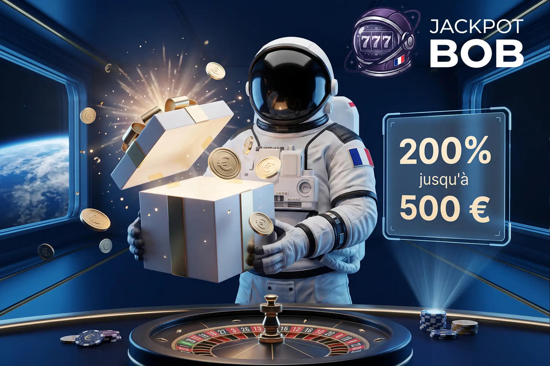 Astronaute ouvrant un coffret cadeau lumineux avec des pièces d'or illustrant le généreux bonus de bienvenue de Jackpot Bob de 200% jusqu'à 500 €