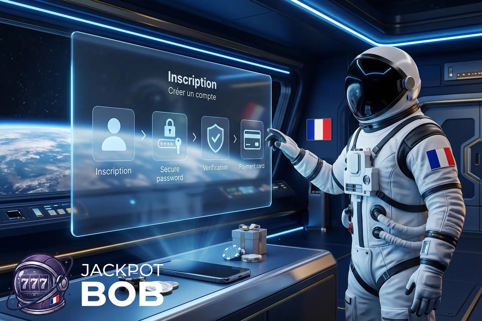 Interface holographique futuriste montrant les étapes d'inscription, le mot de passe sécurisé et la vérification pour créer un compte joueur depuis la France