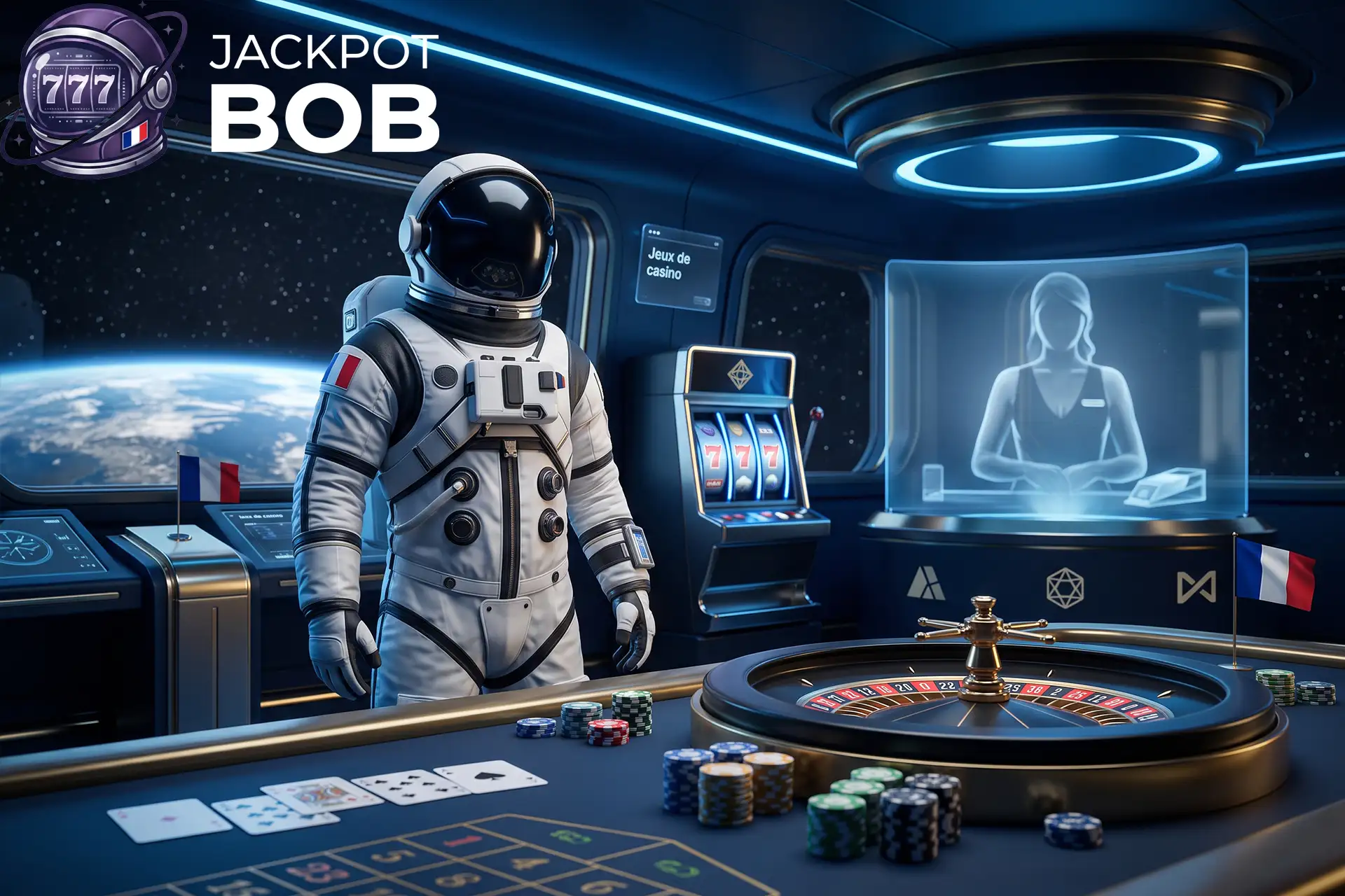 Table de roulette et cartes à jouer avec un croupier en direct sous forme d'hologramme pour une expérience de jeu immersive en apesanteur