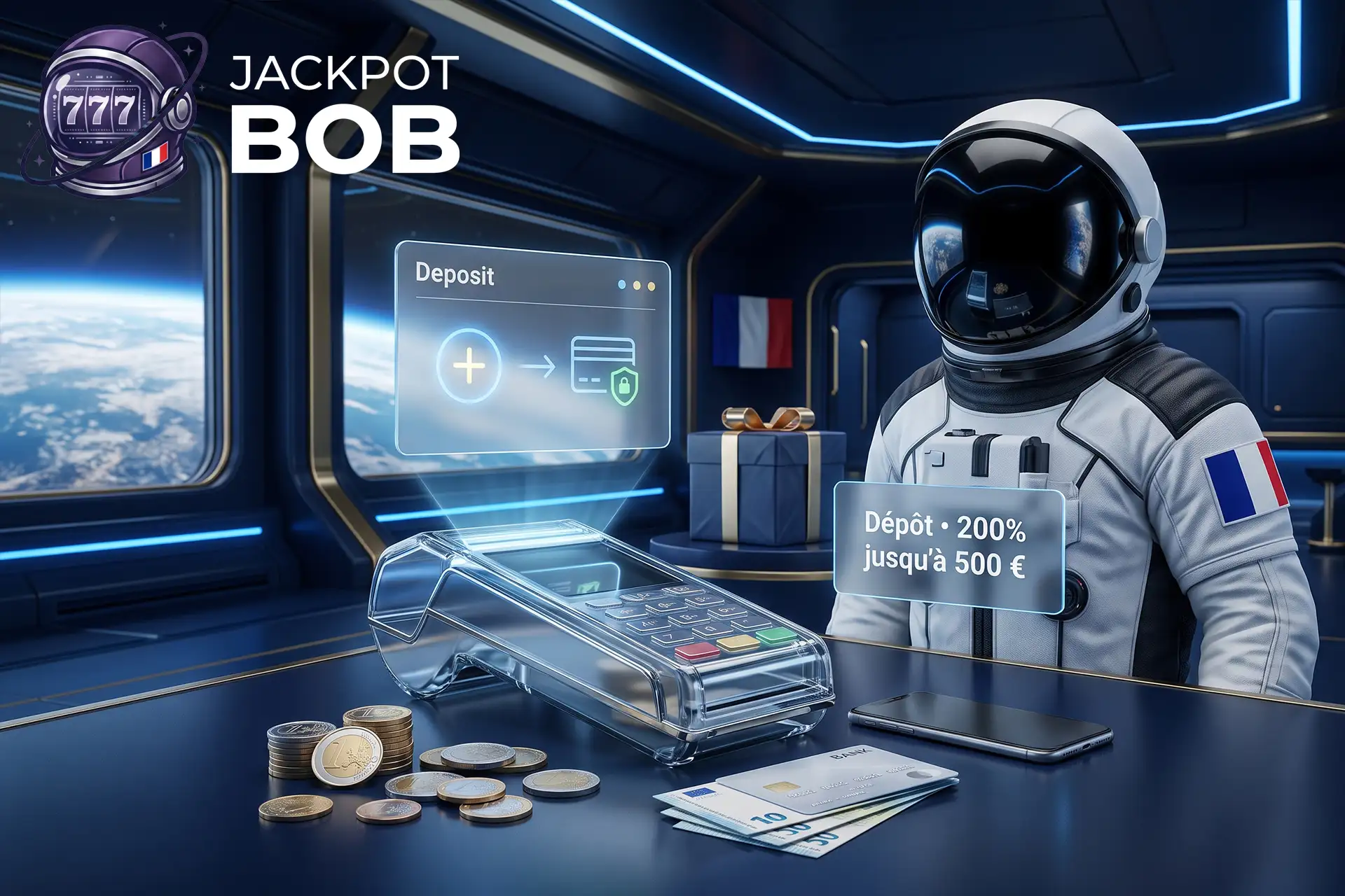 Terminal de paiement virtuel illustrant les méthodes de dépôt sécurisées sur Jackpot Bob avec des cartes bancaires et des pièces en euros